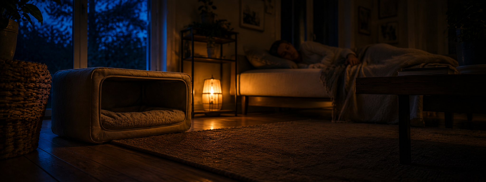 Person schläft nachts auf dem Sofa, im Vordergrund ein leeres Hundebett