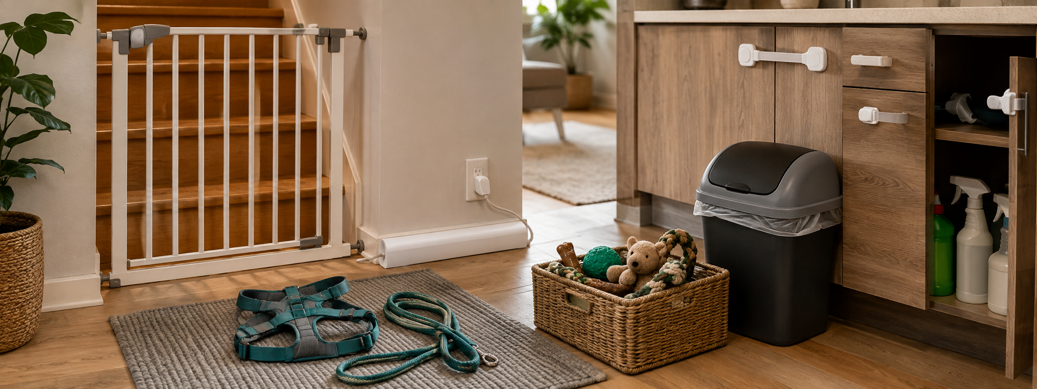 Ein Hausflur mit verschiedenen HIlfsmitteln wie Leine oder Kindergitter für ein sicheres Zuhause