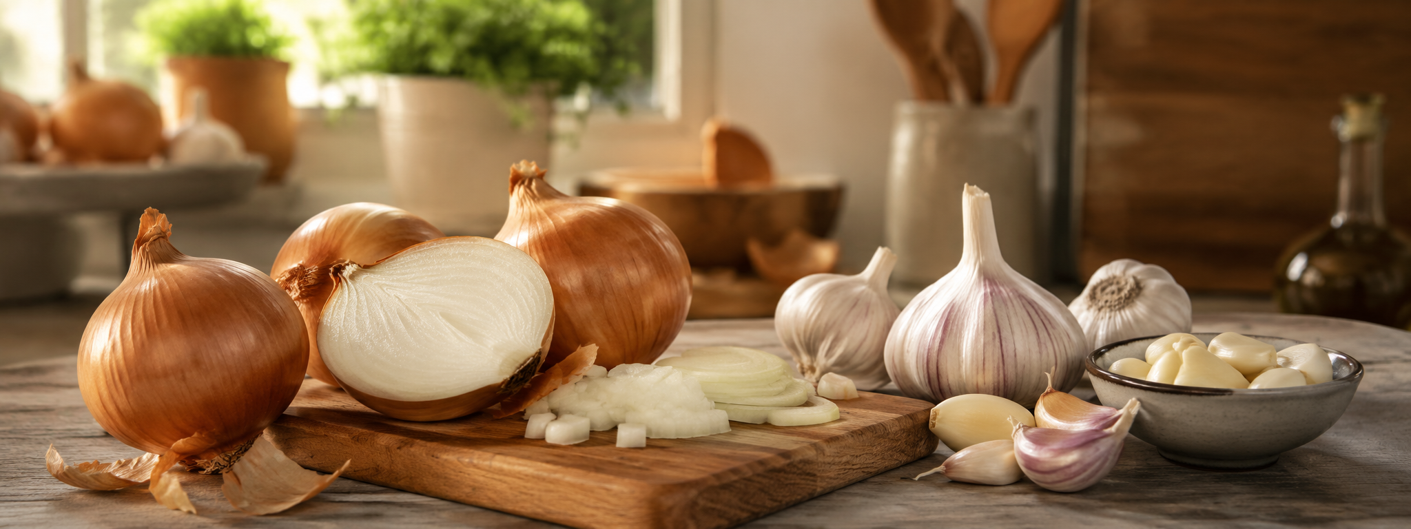 Aufgeschnittene Zwiebeln und mehrere Knoblauchknollen liegen griffbereit auf einem Holzbrett in der Küche