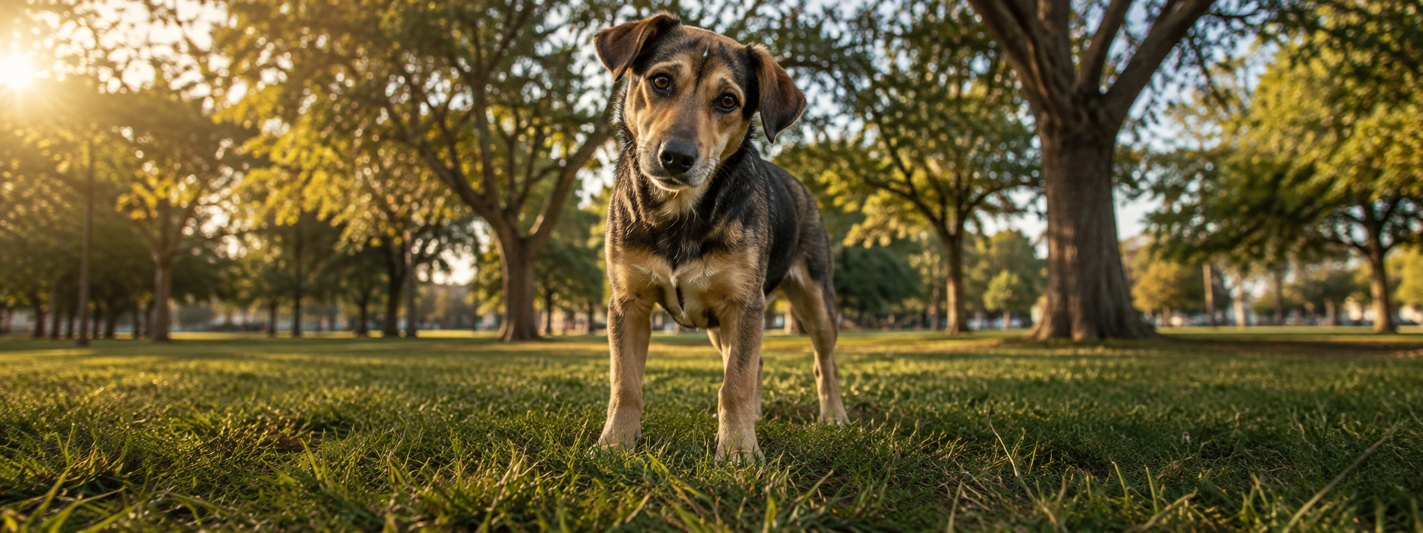 Ein Mischlingshund steht im Park im Abendlicht und hält neugierig den Kopf schief