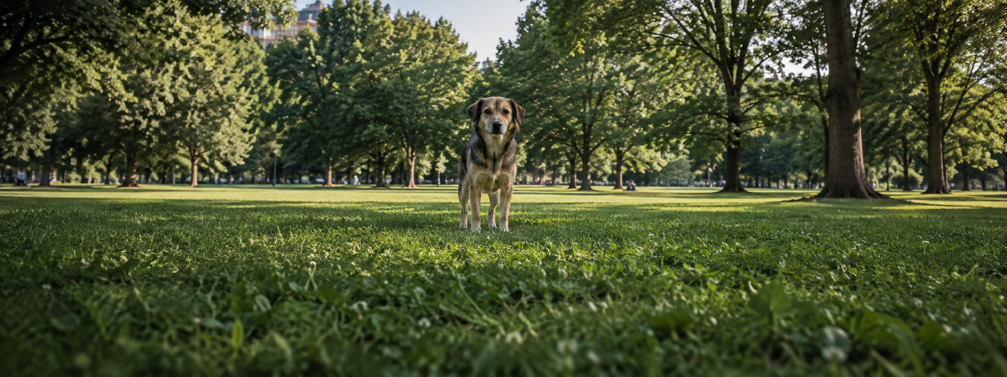 Ein Hund steht aufmerksam auf einer Wiese im Park und schaut direkt in die Kamera