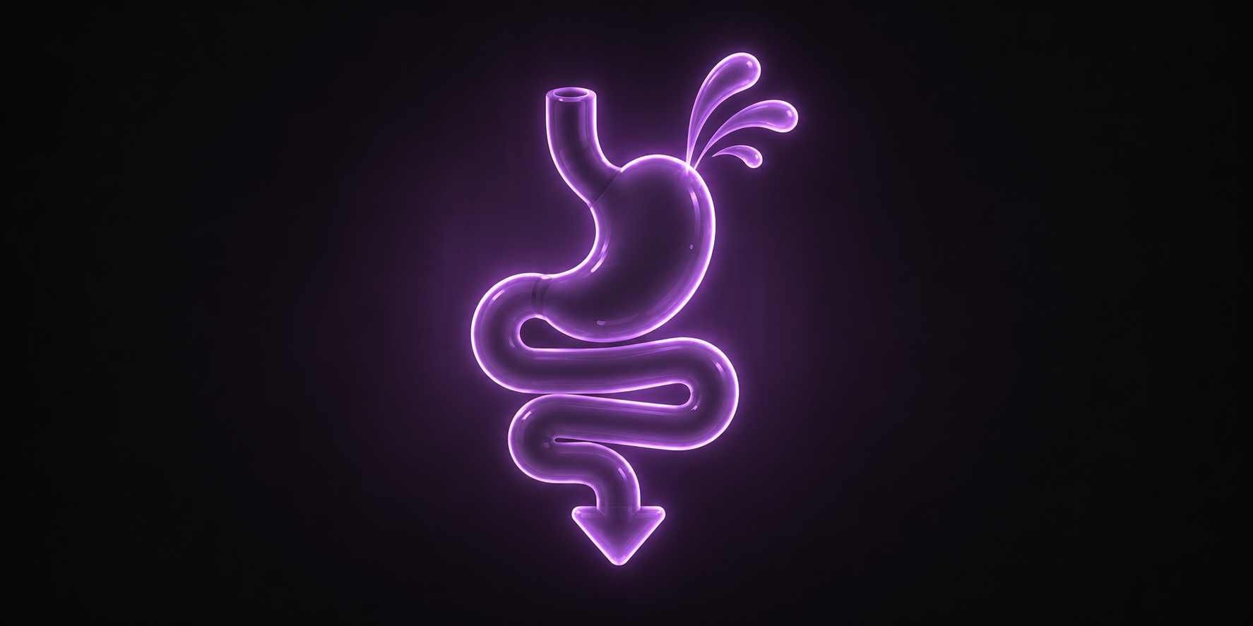 Eine leuchtend violette Illustration eines Magen-Darm-Trakts mit Spritzern nach oben und einem Pfeil nach unten