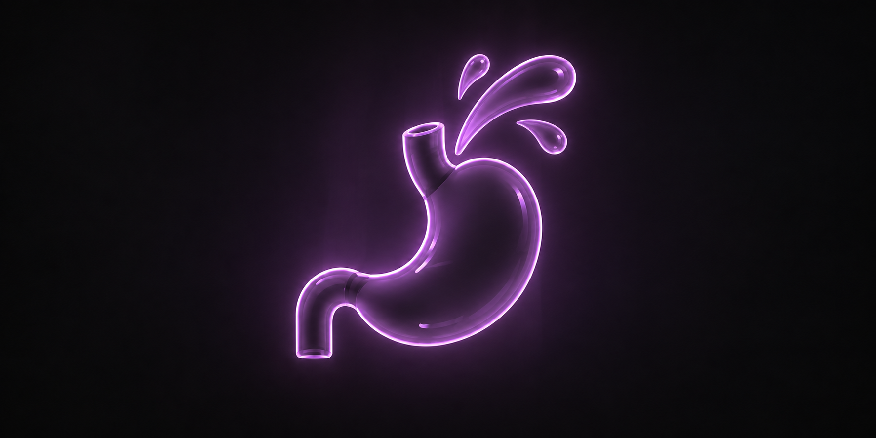 Eine leuchtend violette Illustration eines Magens, aus dem Flüssigkeitsspritzer nach oben austreten