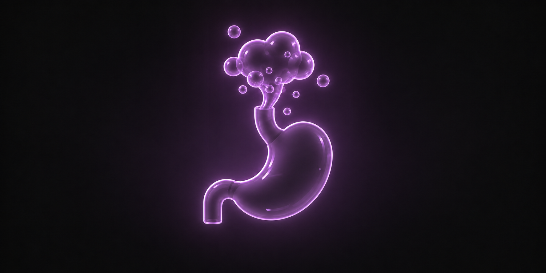Eine leuchtend violette Illustration eines Magens, aus dem eine Wolke aus Schaumblasen austritt