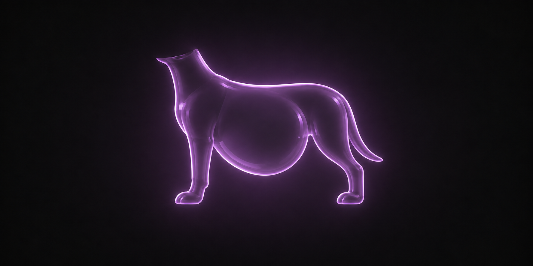 Eine leuchtend violette Illustration eines Hundes von der Seite mit deutlich sichtbar aufgeblähtem, rundem Bauch