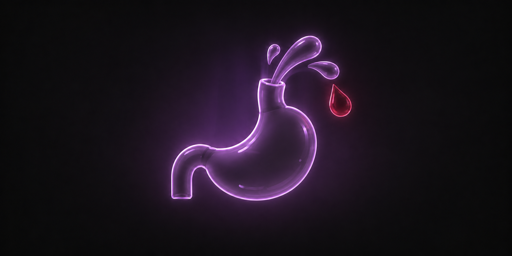 Eine leuchtend violette Illustration eines Magens mit Flüssigkeitsspritzern und einem roten Bluttropfen daneben