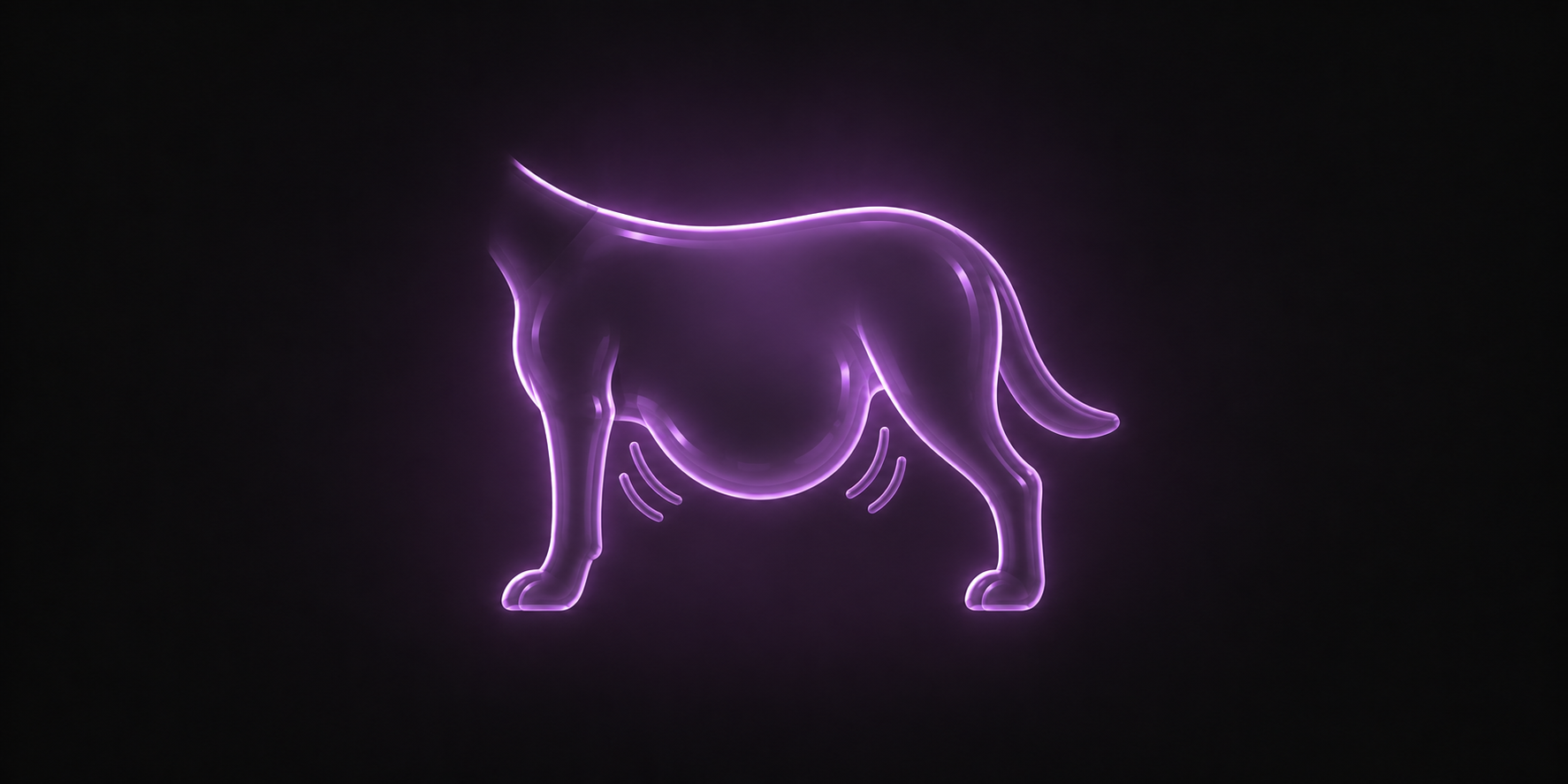 Eine leuchtend violette Illustration eines Hundes von der Seite mit geschwollenem Bauch und Vibrationslinien darunter