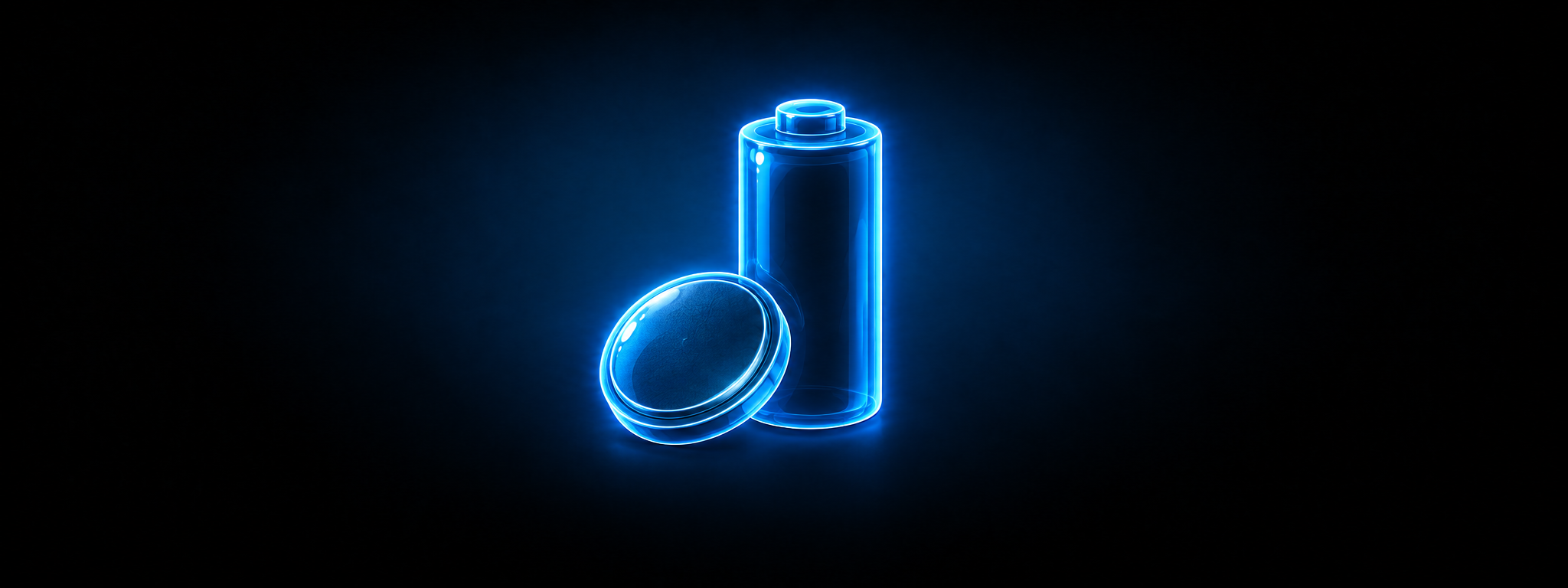 Eine leuchtend blaue Illustration einer stehenden Rundzellen-Batterie neben einer liegenden Knopfzelle