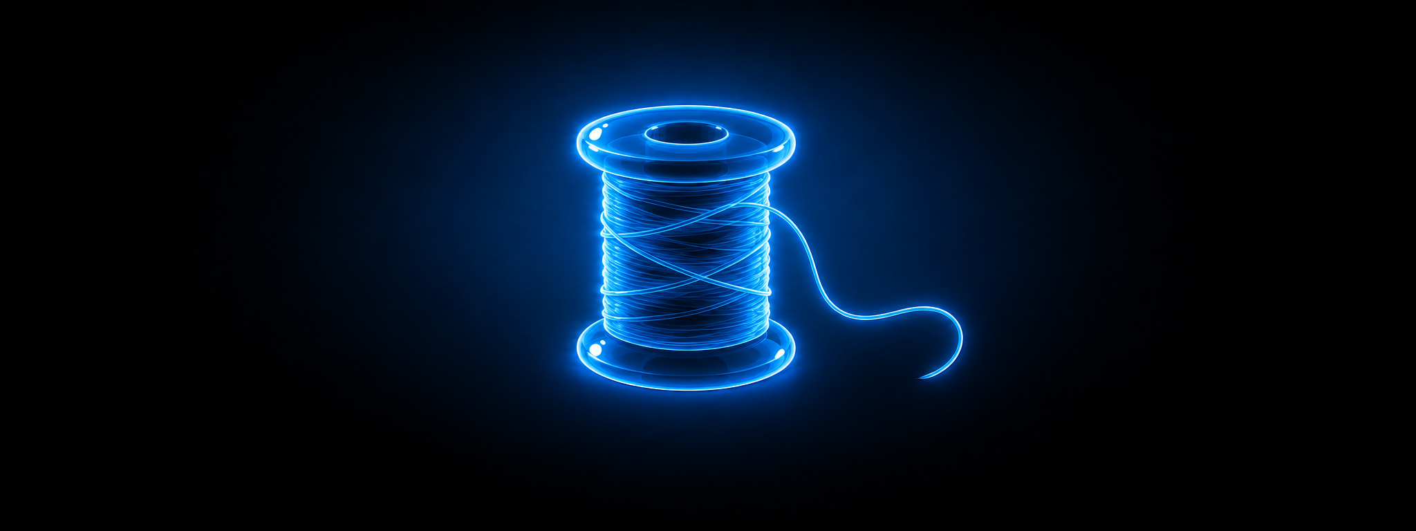 Eine leuchtend blaue Illustration einer Garnrolle mit aufgewickeltem Faden und einem losen Fadenende