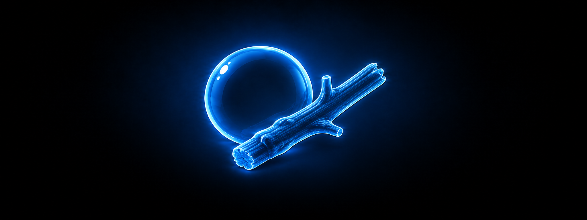Eine leuchtend blaue Illustration eines runden Balls und eines Astes, die nebeneinander liegen