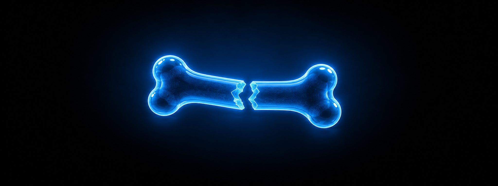 Eine leuchtend blaue Illustration eines Hundeknochens, der in der Mitte durchgebrochen ist und splittrige Kanten zeigt