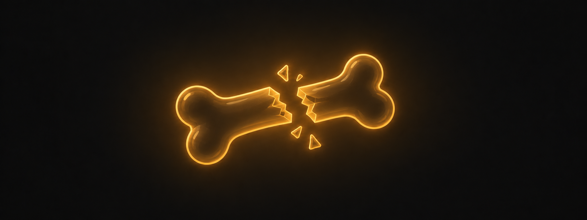 Eine leuchtend gelbe Illustration eines Hundeknochens, der in der Mitte vollständig durchgebrochen ist und mit Splittern in zwei Teile zerfällt