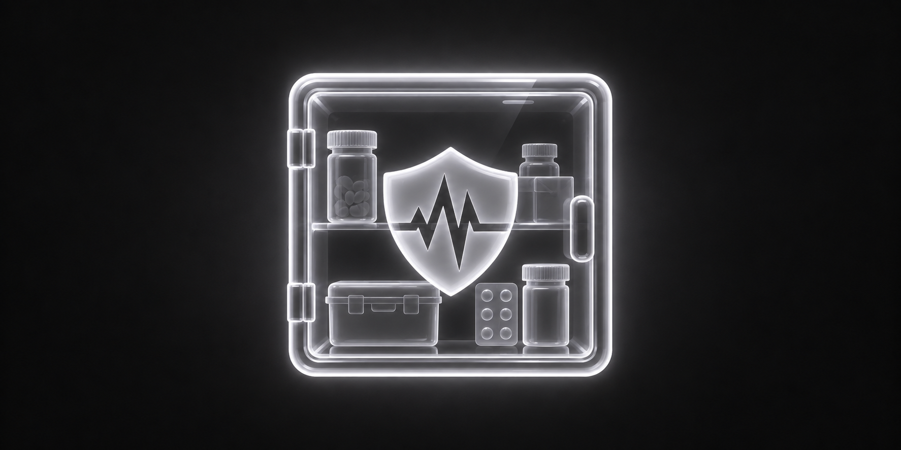 Eine leuchtend weiße Illustration eines geöffneten Hausapotheken-Schranks mit Tablettendosen, einem Erste-Hilfe-Kasten und einem Schild-Symbol