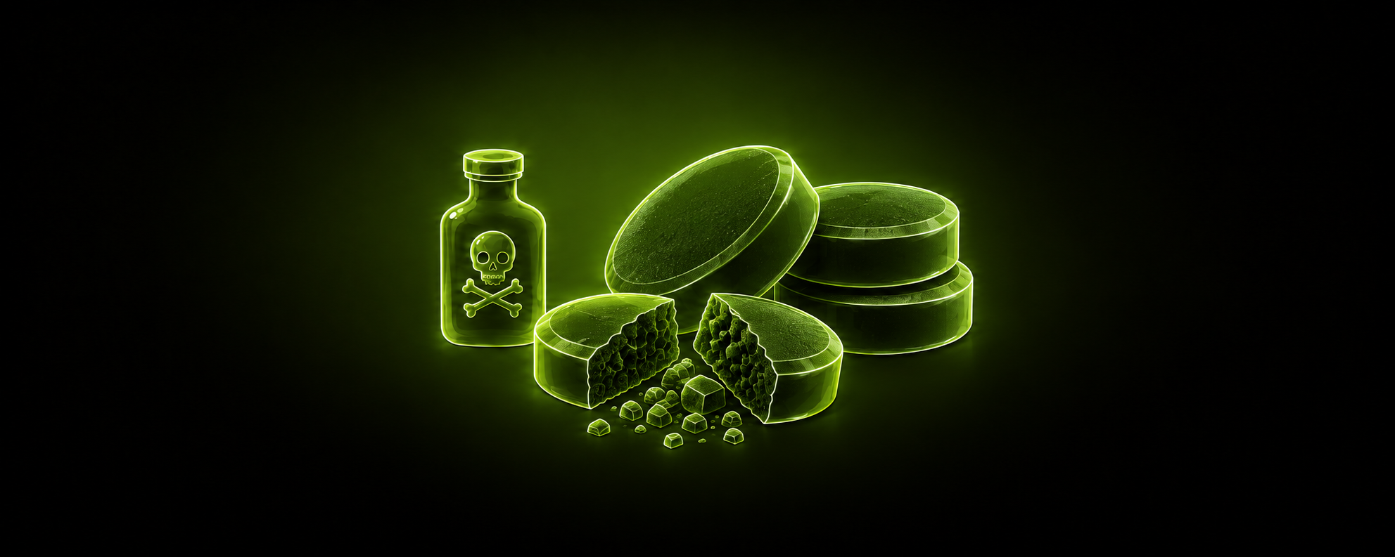 Eine leuchtend grüne Illustration einer Giftflasche mit Totenkopf-Symbol neben gestapelten runden Aktivkohle-Tabletten, von denen eine aufgebrochen ist und ihre poröse Struktur zeigt