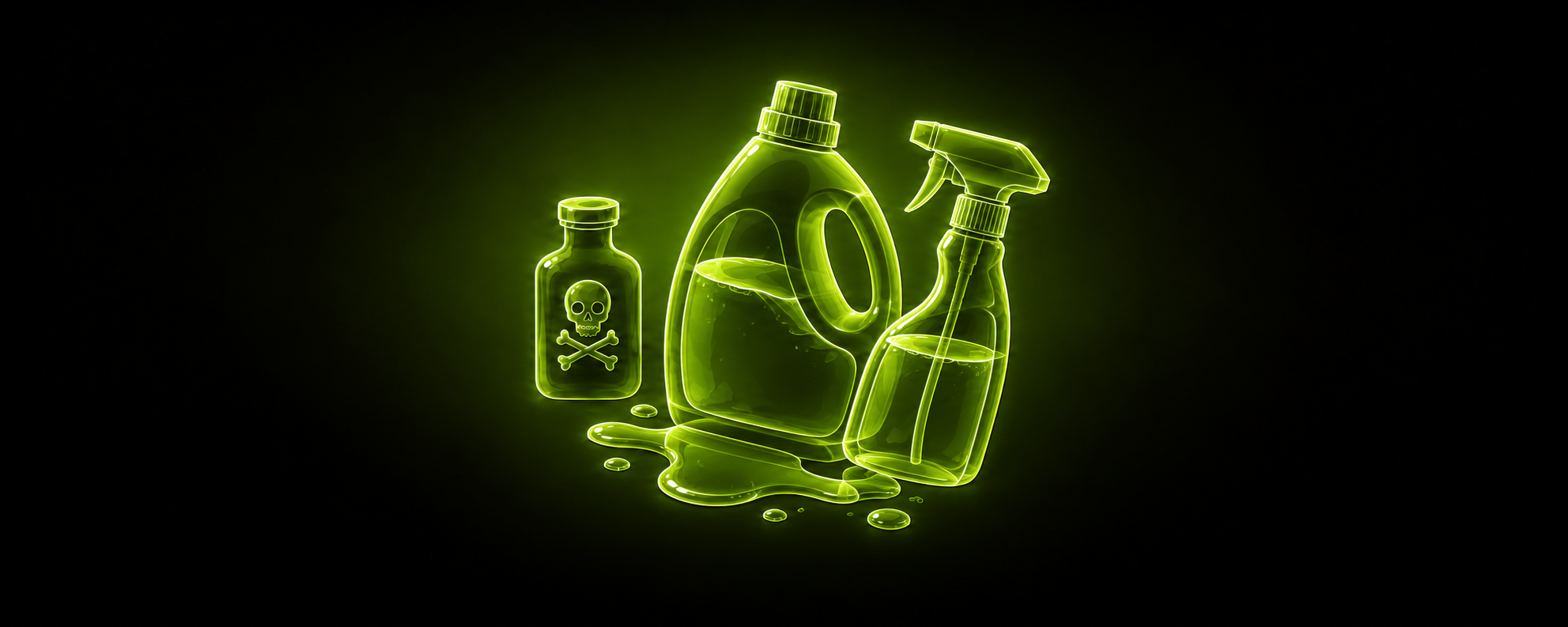 Eine leuchtend grüne Illustration einer Giftflasche mit Totenkopf-Symbol neben einer großen Reinigungsmittelflasche und einer Sprühflasche, aus denen Flüssigkeit auf den Boden tropft