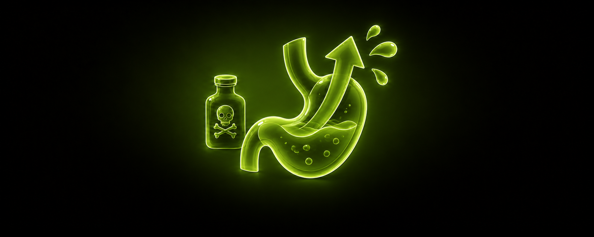 Eine leuchtend grüne Illustration einer Giftflasche mit Totenkopf-Symbol neben einem Magen-Symbol mit einem nach oben zeigenden Pfeil und Flüssigkeitstropfen
