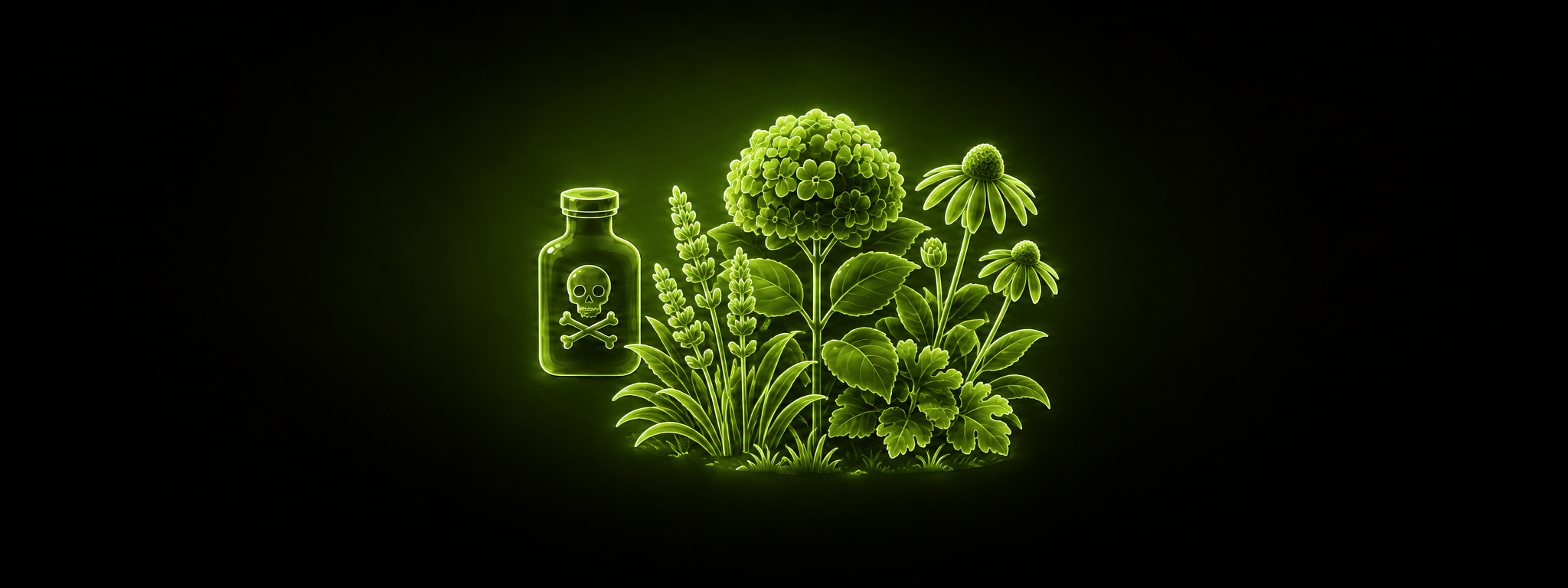 Eine leuchtend grüne Illustration einer Giftflasche mit Totenkopf-Symbol neben einem Blumenbeet mit Hortensie, Lavendel und Sonnenhut