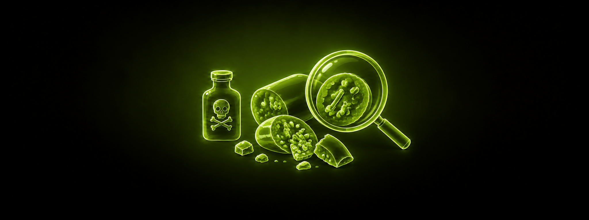 Eine leuchtend grüne Illustration einer Giftflasche mit Totenkopf-Symbol neben einem aufgebrochenen Köder mit Tablettenstücken und einer Lupe, die die Fragmente vergrößert zeigt