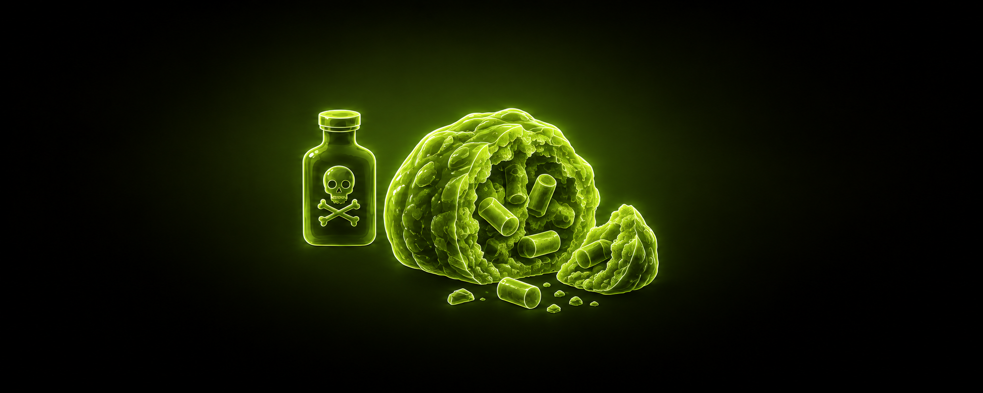Eine leuchtend grüne Illustration einer Giftflasche mit Totenkopf-Symbol neben einem aufgebrochenen Fleischköder, in dem sich Schrauben und andere scharfkantige Gegenstände verbergen