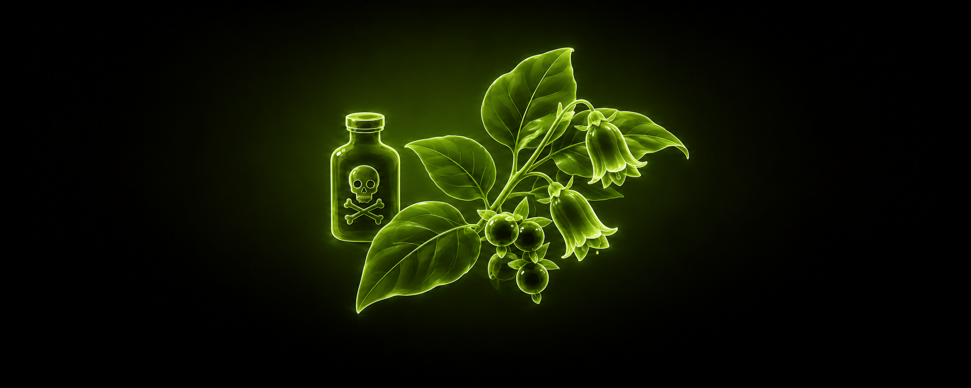 Eine leuchtend grüne Illustration einer Giftflasche mit Totenkopf-Symbol neben einer Pflanze mit glockenförmigen Blüten und dunklen Beeren, ähnlich der Tollkirsche