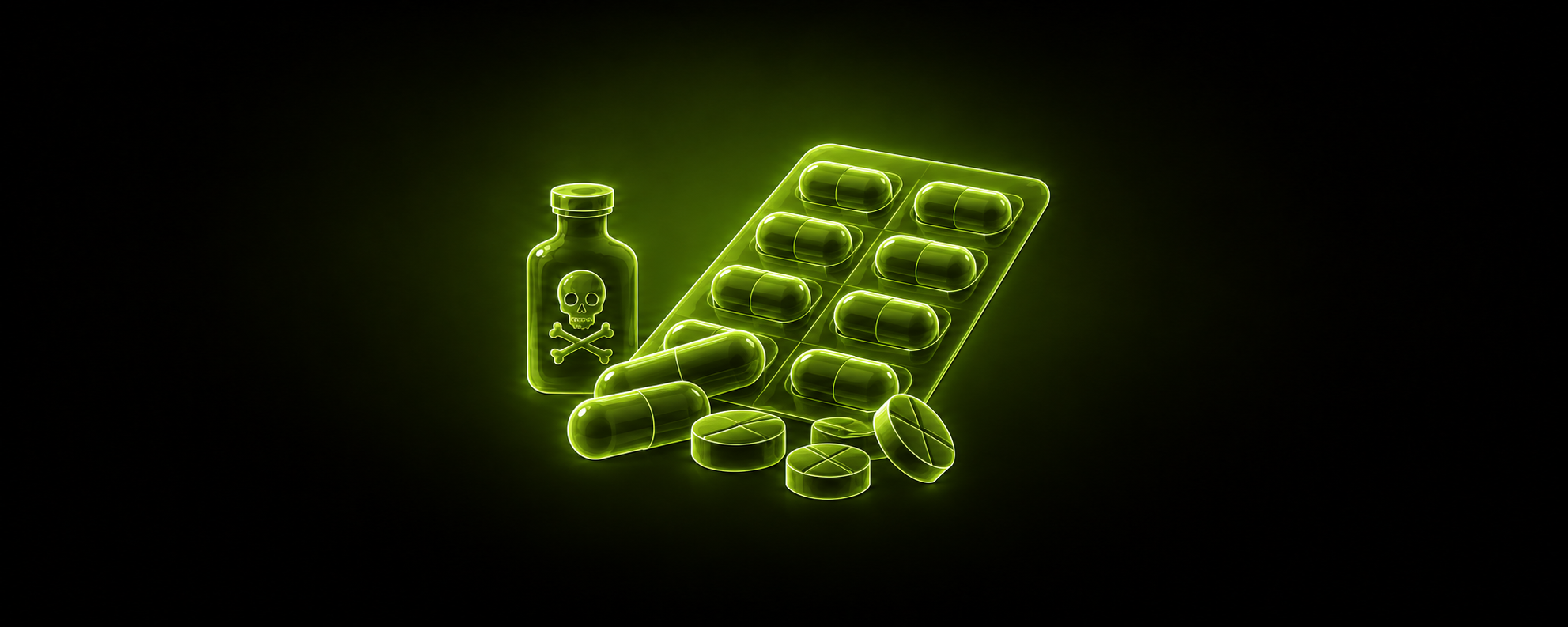 Eine leuchtend grüne Illustration einer Giftflasche mit Totenkopf-Symbol neben einer aufgebrochenen Tablettenblisterpackung und losen Tabletten und Kapseln