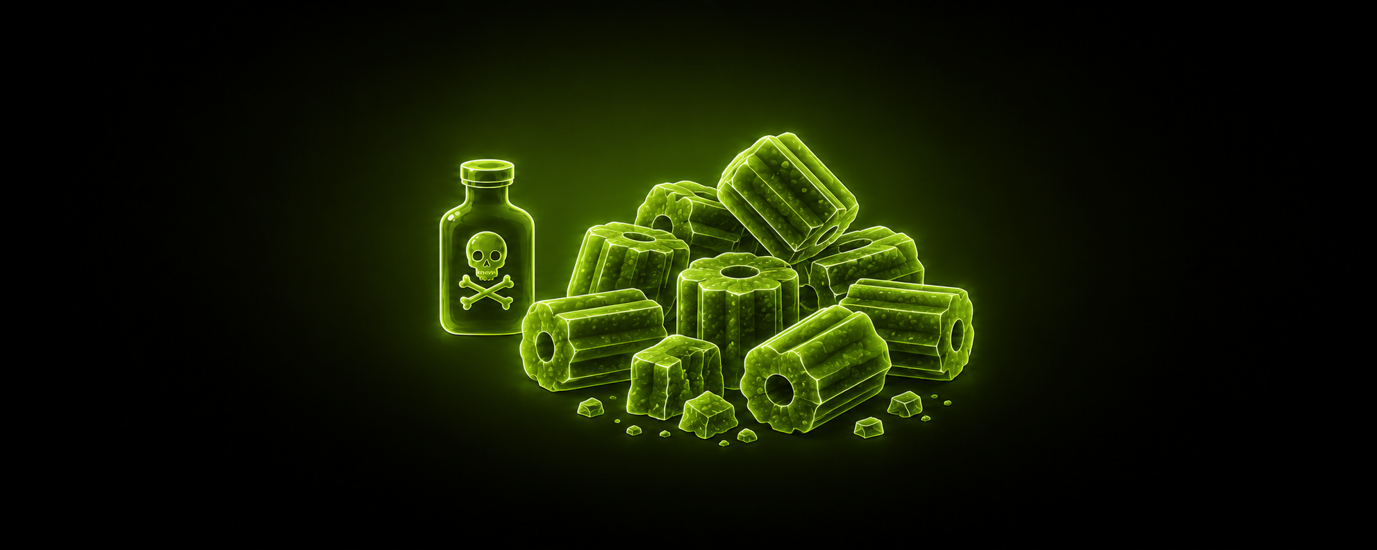 Eine leuchtend grüne Illustration einer Giftflasche mit Totenkopf-Symbol neben einem Haufen zylindrischer Rattengift-Köderblöcke mit Loch in der Mitte
