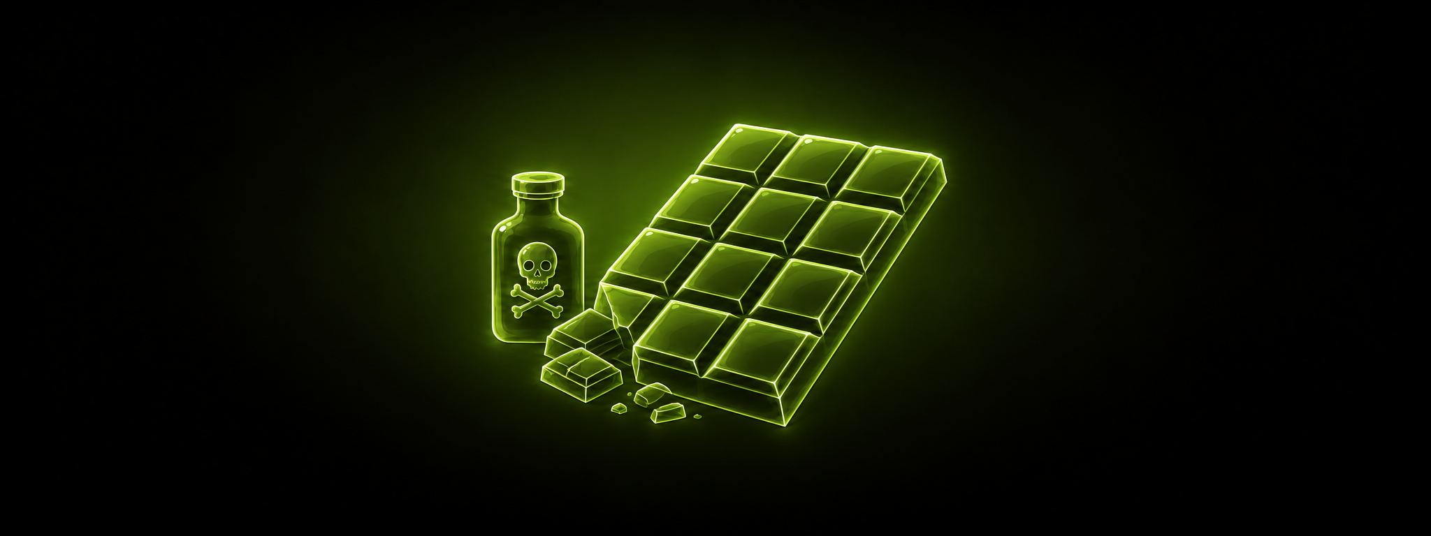 Eine leuchtend grüne Illustration einer Giftflasche mit Totenkopf-Symbol neben einer angebrochenen Tafel Schokolade mit abgebrochenen Stücken