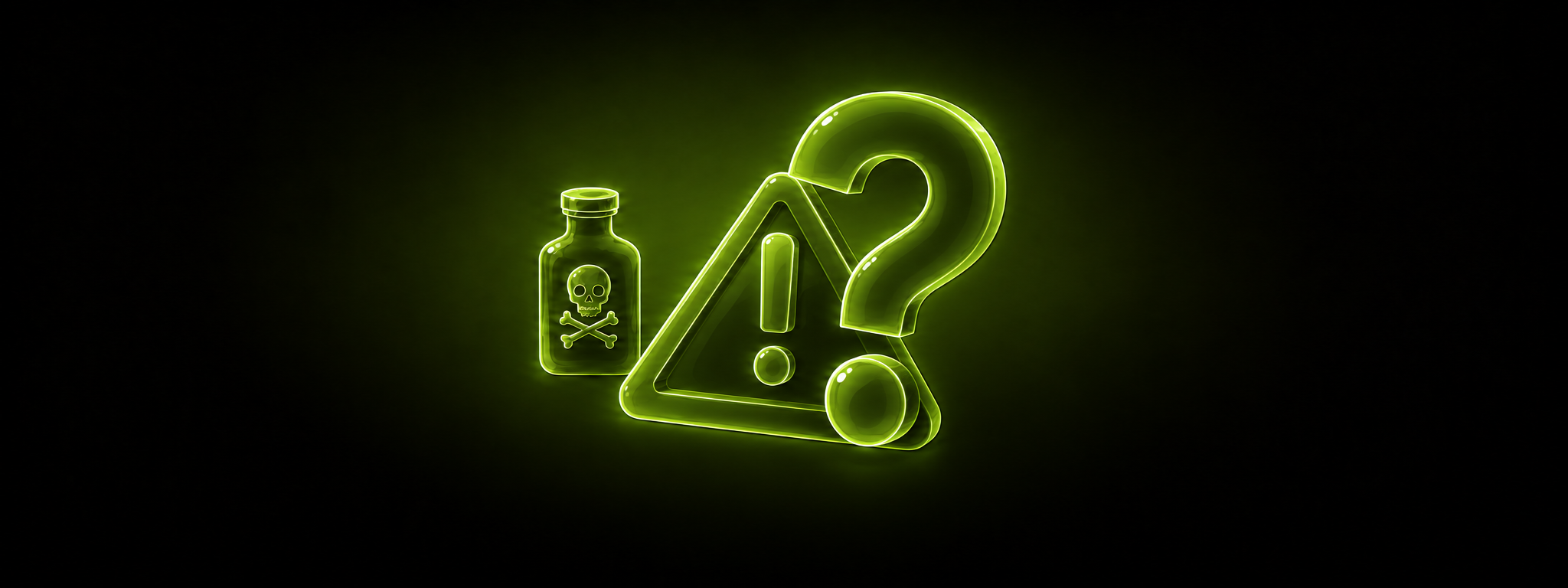 Eine leuchtend grüne Illustration einer Giftflasche mit Totenkopf-Symbol neben einem Warndreieck mit Ausrufezeichen und einem großen Fragezeichen