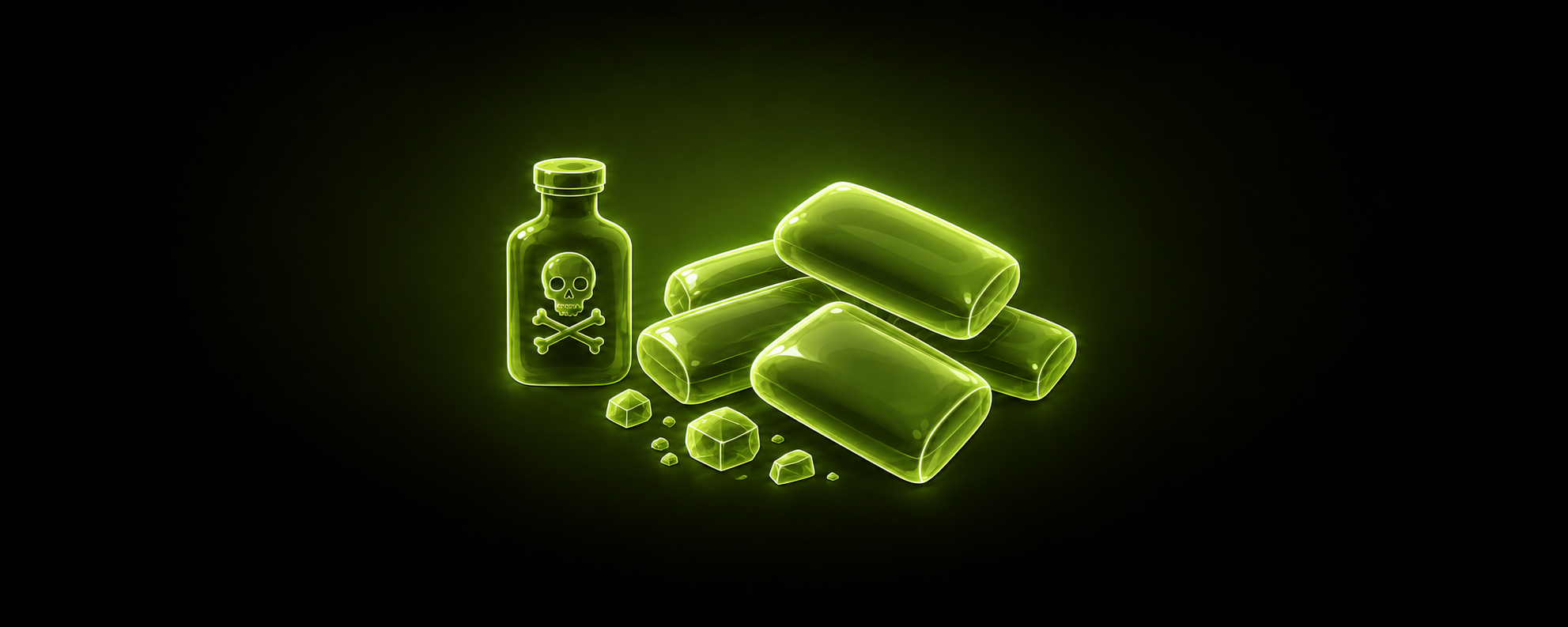 Eine leuchtend grüne Illustration einer Giftflasche mit Totenkopf-Symbol neben mehreren Kaugummistreifen und kleinen kristallinen Zuckerersatz-Stücken