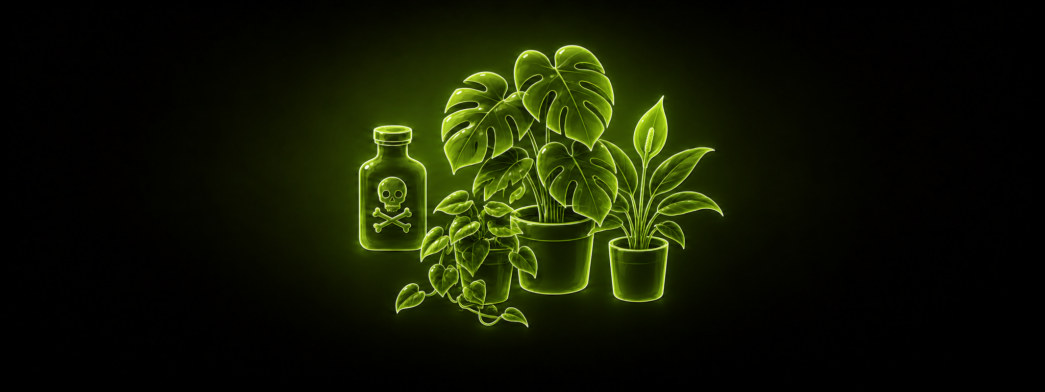 Eine leuchtend grüne Illustration einer Giftflasche mit Totenkopf-Symbol neben getopften Zimmerpflanzen: einer Fensterblatt-Monstera, einer Efeutute und einem Einblatt