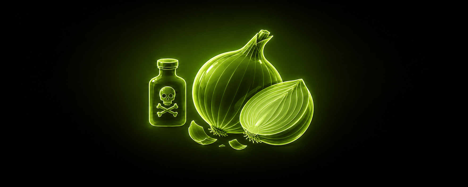 Eine leuchtend grüne Illustration einer Giftflasche mit Totenkopf-Symbol neben einer ganzen Zwiebel und einer halbierten, geschälten Zwiebel