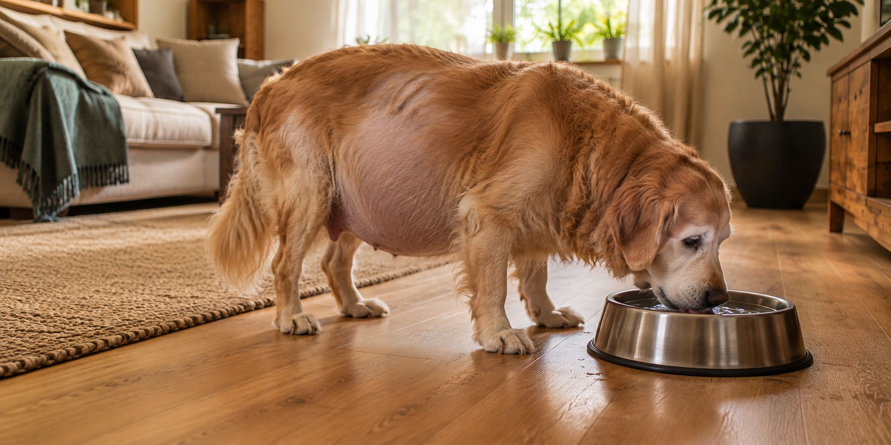 Hund mit auffällig vollem Bäuchlein trinkt ausgiebig aus dem Wassernapf