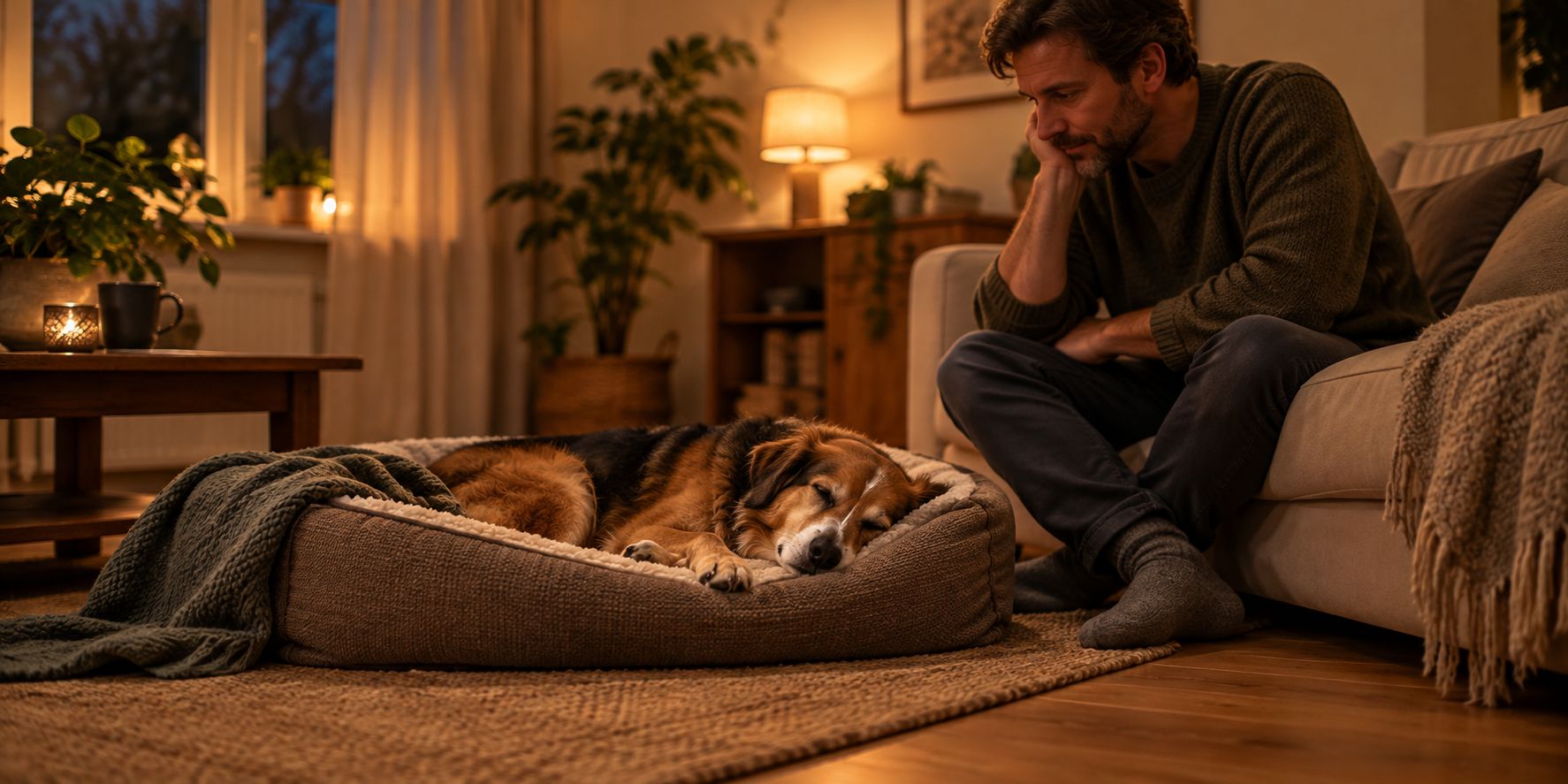Ruhig schlafender Hund im Körbchen, Besitzer sitzt wachsam daneben, gedämpftes Abendlicht