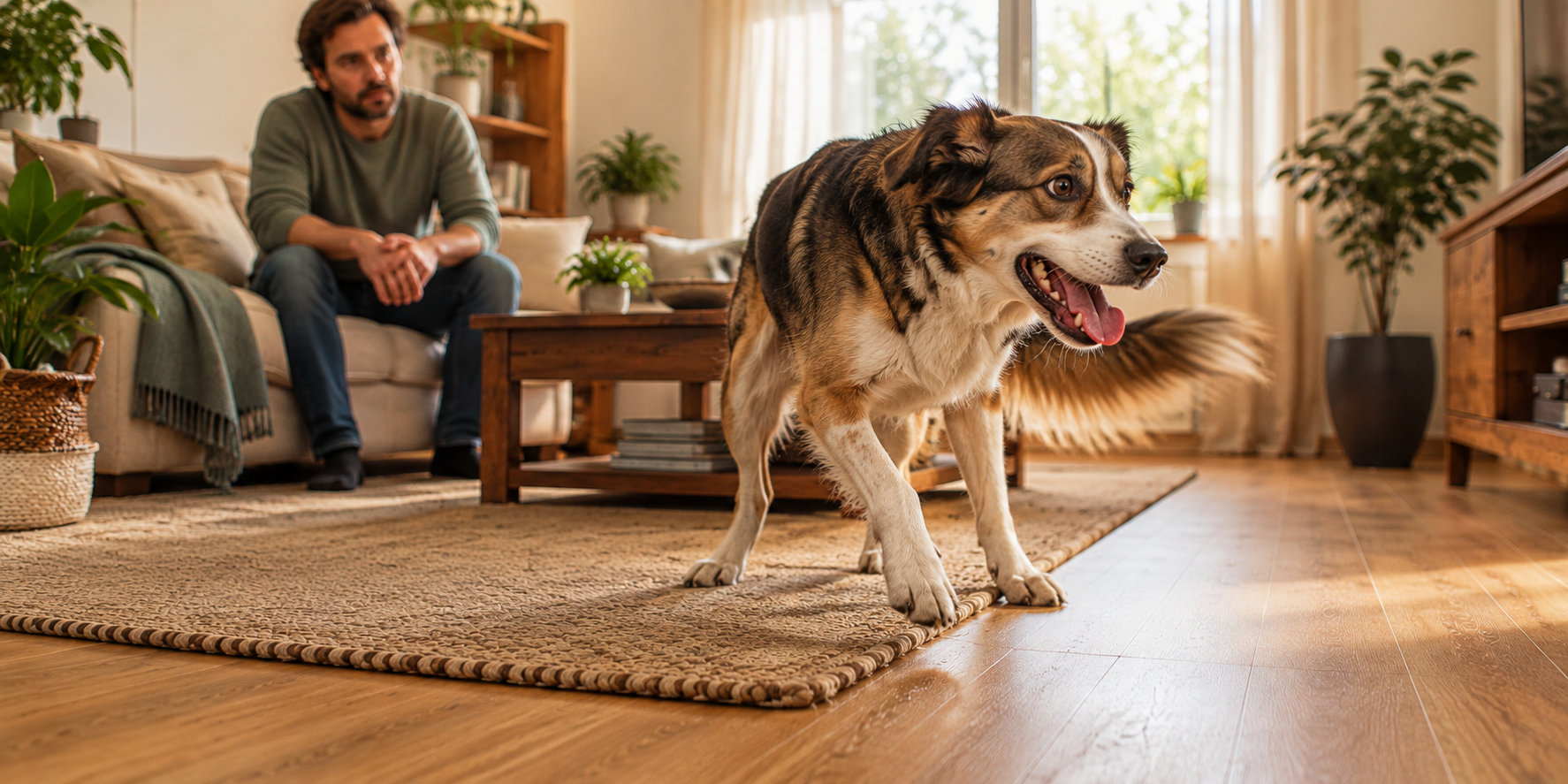 Auffällig unruhiger, hechelnder Hund im Wohnzimmer, Besitzer beobachtet ihn aufmerksam