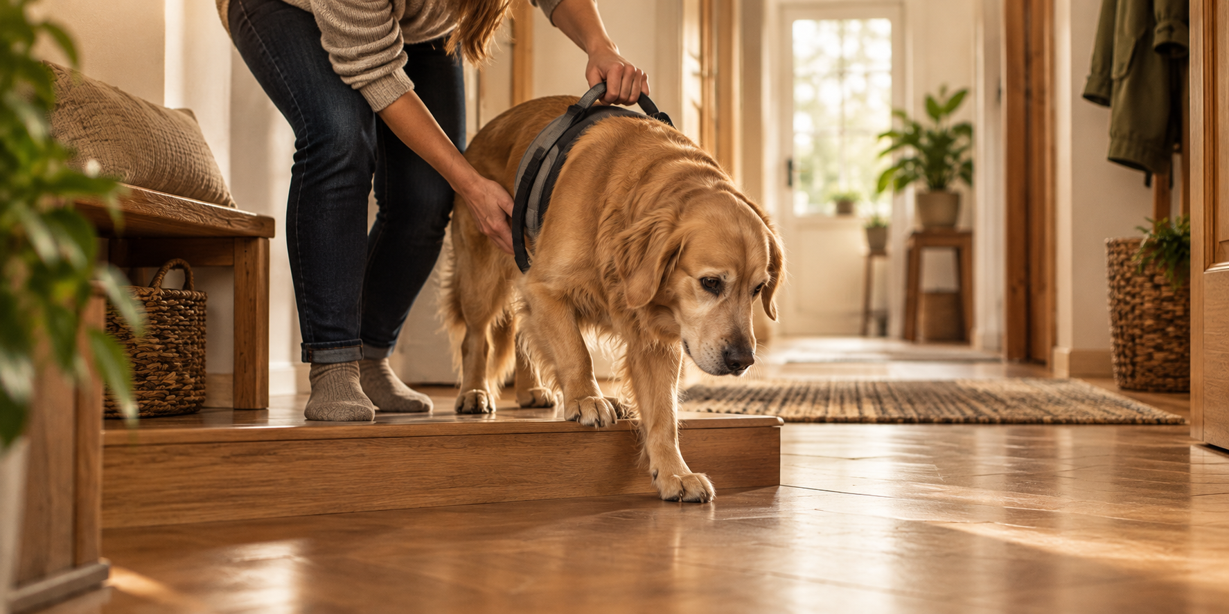 Hund steigt vorsichtig mit leicht gekrümmtem Rücken eine niedrige Stufe hinunter, Besitzerin hilft stützend