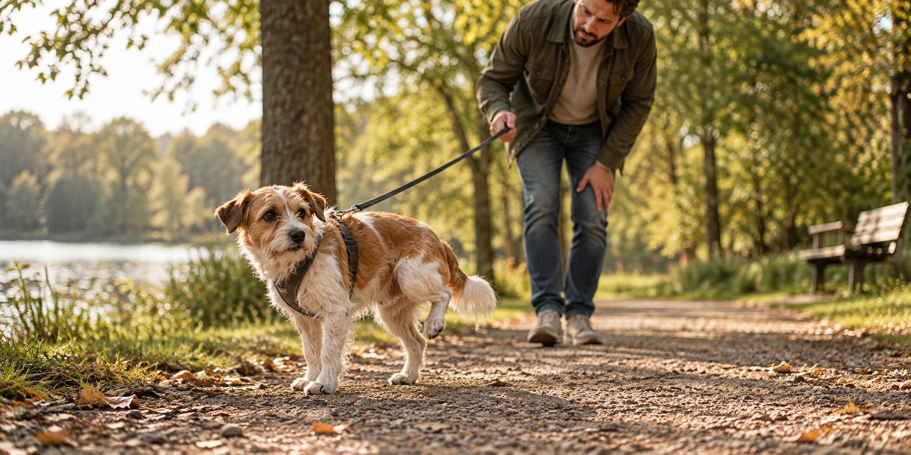 Kleiner Hund hält beim Spaziergang kurz ein Hinterbein hoch, Parkweg im Hintergrund, aufmerksamer Blick des Besitzers