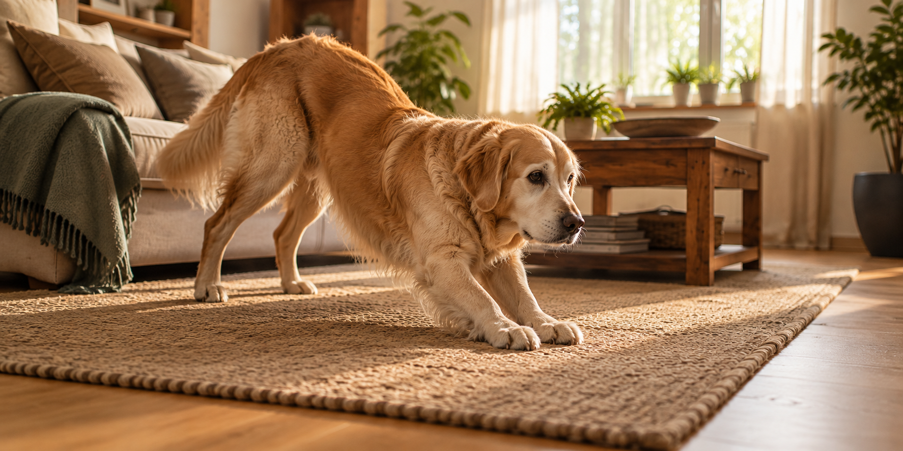 Größerer Hund streckt sich nach dem Aufstehen und bewegt die Hinterhand zögerlich, Wohnzimmerteppich