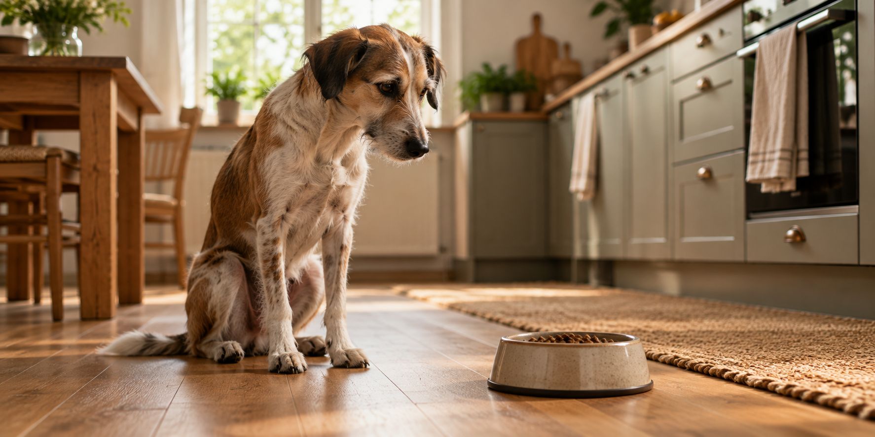 Schlanker Hund sitzt uninteressiert vor seinem Futternapf in der Küche