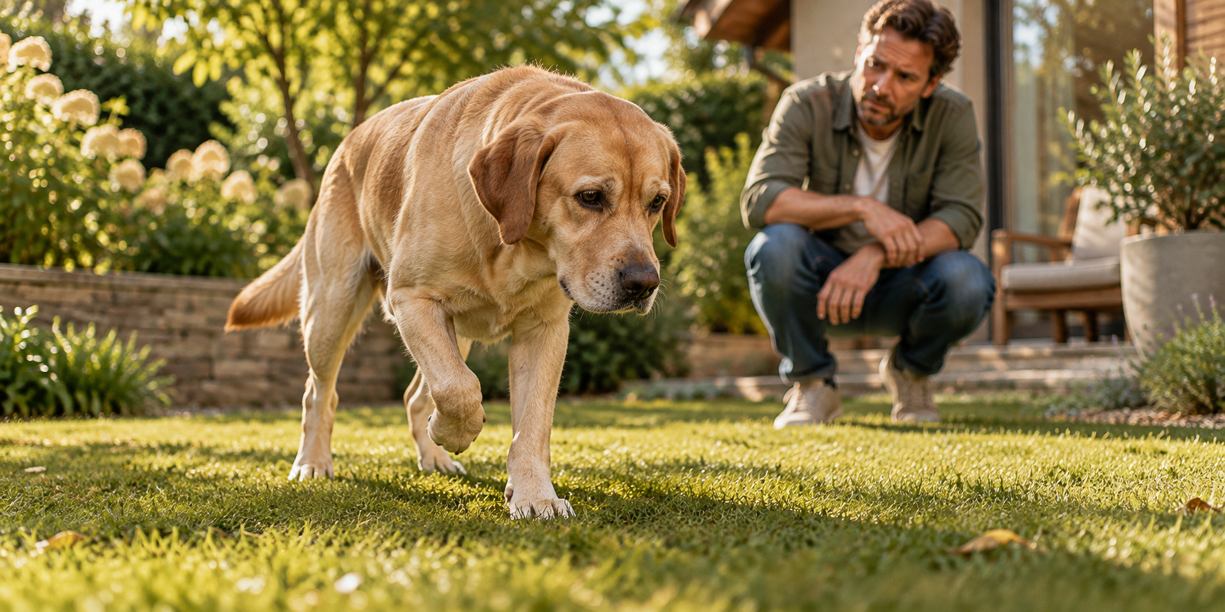 Junger, großer Hund läuft im Garten und schont leicht das Vorderbein, Besitzer beobachtet besorgt