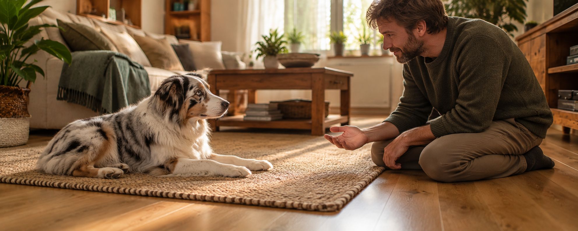 Hund mit auffällig hellem, merle-gemustertem Fell reagiert trotz Ansprache nicht, Besitzerin kniet sich in sein Sichtfeld