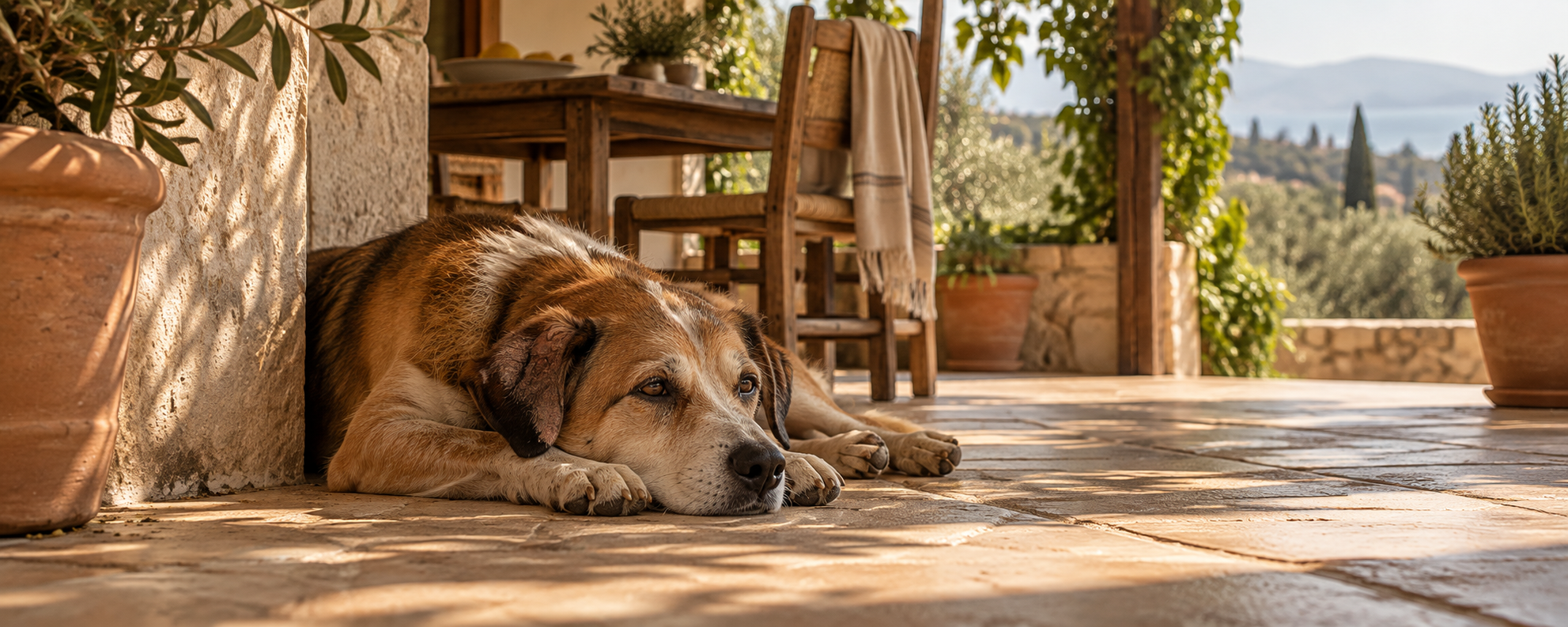Hund mit leicht schuppiger Haut um die Ohren ruht im Schatten einer südländischen Terrasse
