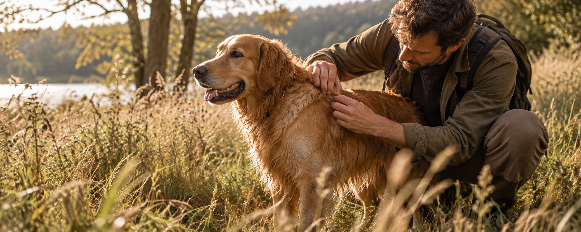 Hund nach dem Spaziergang durch hohes Gras, Besitzer kontrolliert sorgfältig das Fell auf Zecken