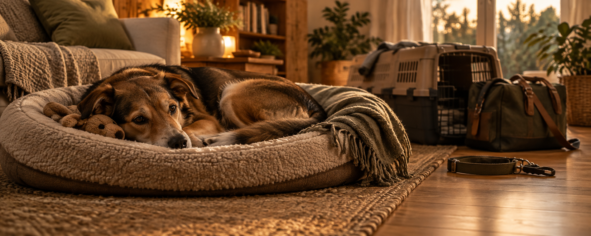 Müde wirkender Hund kuschelt sich zuhause in sein Körbchen, Reisekorb im Hintergrund