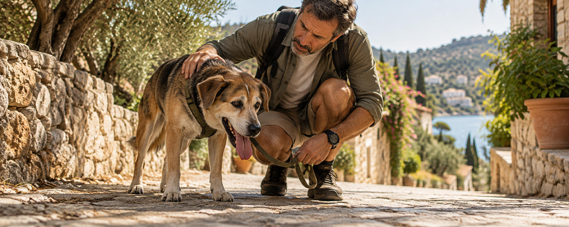 Hund gerät beim Spaziergang ungewöhnlich schnell außer Atem und bleibt stehen, mediterrane Umgebung
