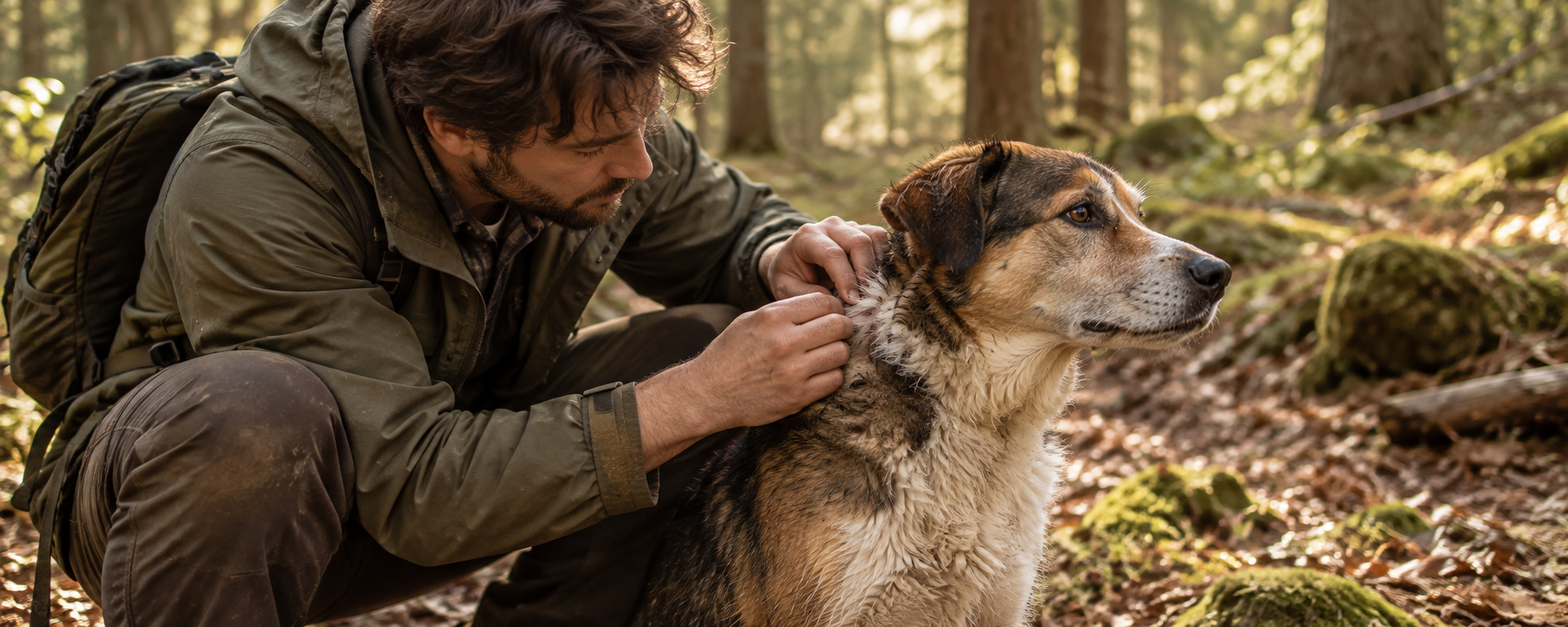 Hund im Wald nach dem Spaziergang, Besitzer untersucht aufmerksam den Nacken auf Zecken