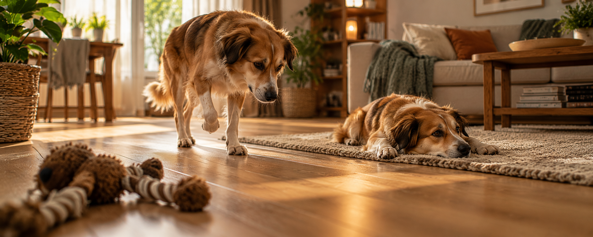 Junger Hund läuft zu einem liegenden Artgenossen, Spielzeug im Vordergrund, weiches Nachmittagslicht