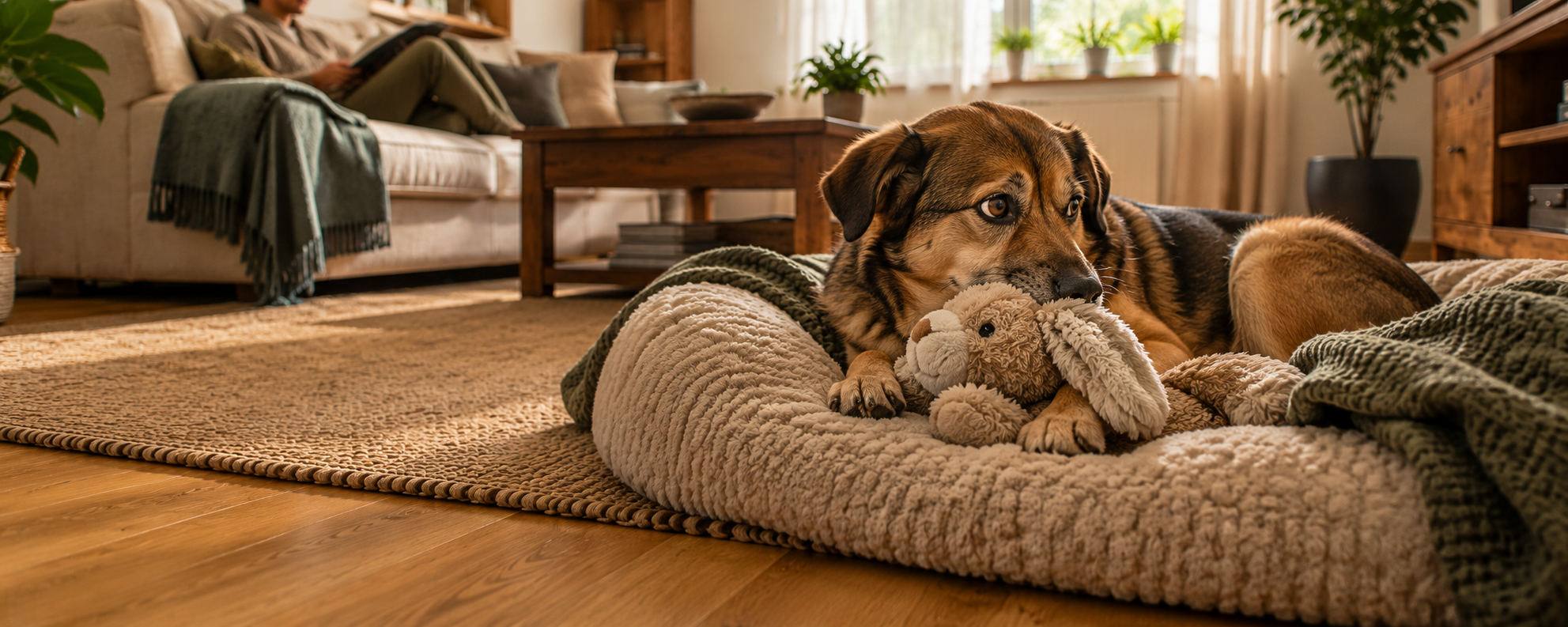 Hündin bewacht fürsorglich ein Kuscheltier und trägt es mit sich herum, häusliche Umgebung