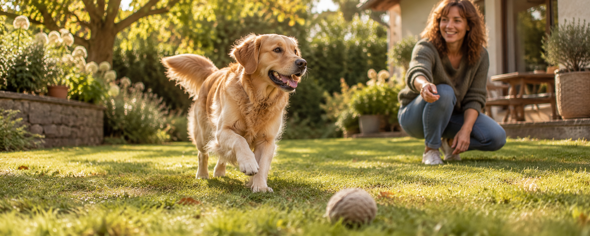 Äußerlich unauffällige, ganz normal wirkende Hündin spielt im Garten mit ihrer Besitzerin, natürliches Tageslicht