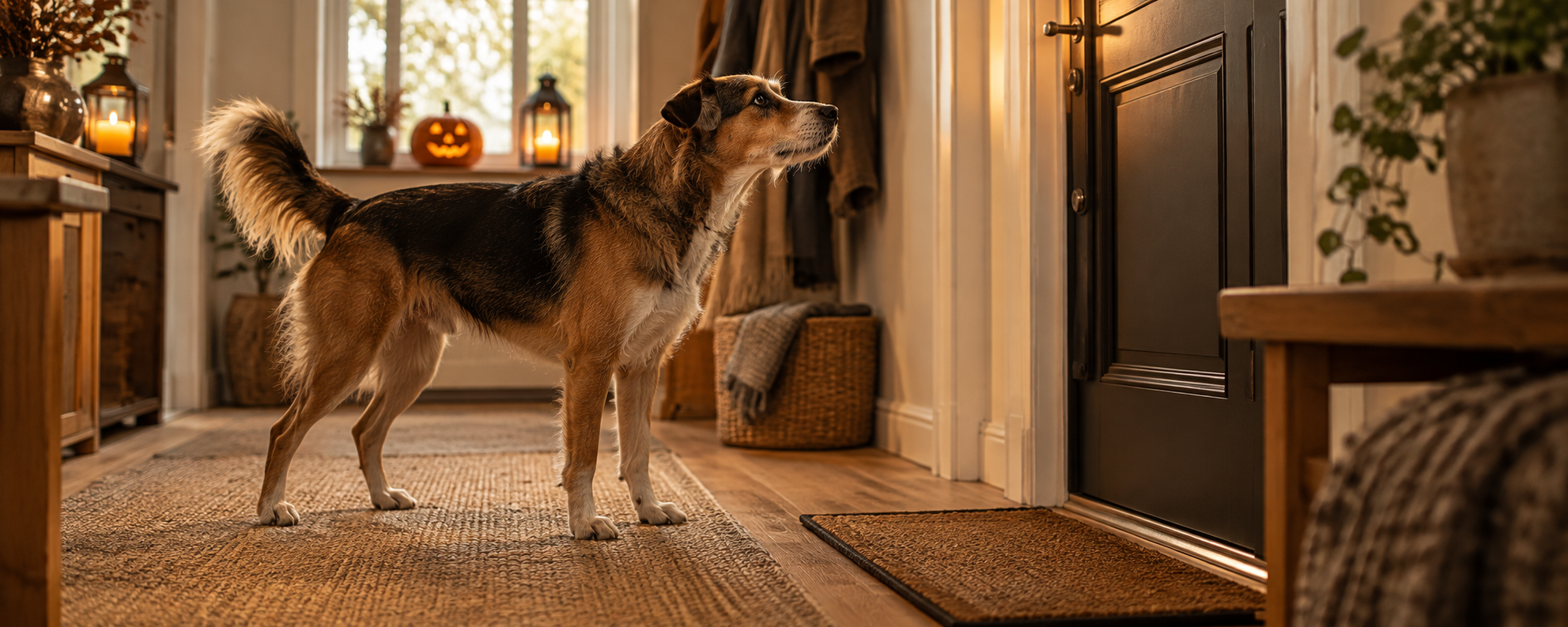 Aufmerksamer Hund steht im Flur und schaut gespannt zur geschlossenen Haustür, im Hintergrund ein leuchtender Kürbis auf der Fensterbank