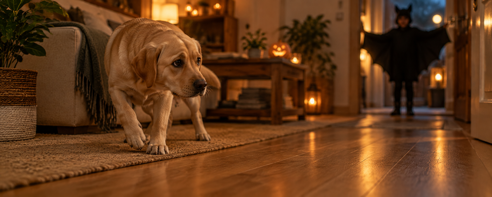 Verunsicherter Hund weicht zurück, während im Hintergrund eine fledermausverkleidete Person im Türrahmen steht